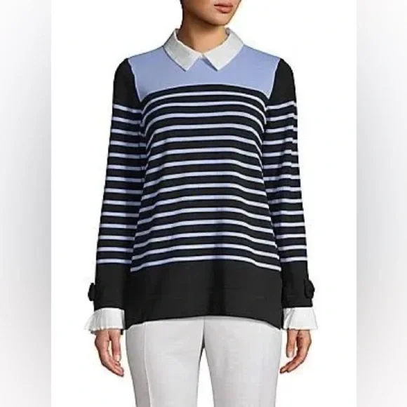 Karl Lagerfeld Paris Women's Striped Ribbed Sweater - Blue, White, Black-Size L - Picture 2 of 11